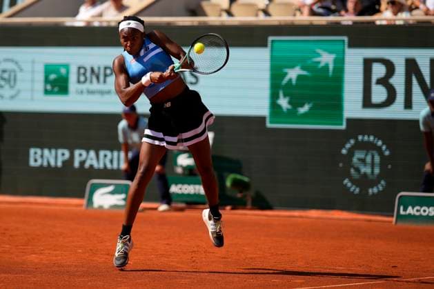 PARIS, FRANCE - JUNE 5: Coco Gauff plays a backhand during 4th round of Roland Garros 2023 match between Anna Karolina Schmiedlova vs Coco Gauff at Roland Garros Stadium on June 5, 2023 in Paris, France. (Photo by Glenn Gervot Icon Sportswire) TENNIS: JUN 05 French Open EDITORIAL USE ONLY Icon2306056955