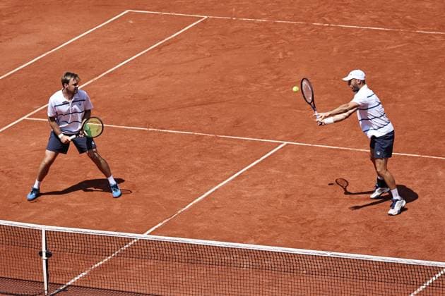 Kevin Krawietz and Tim Pütz (white cap), GER, during mens doubles of 2023 French Open at Roland Garros, Paris, 06 06 2023; -