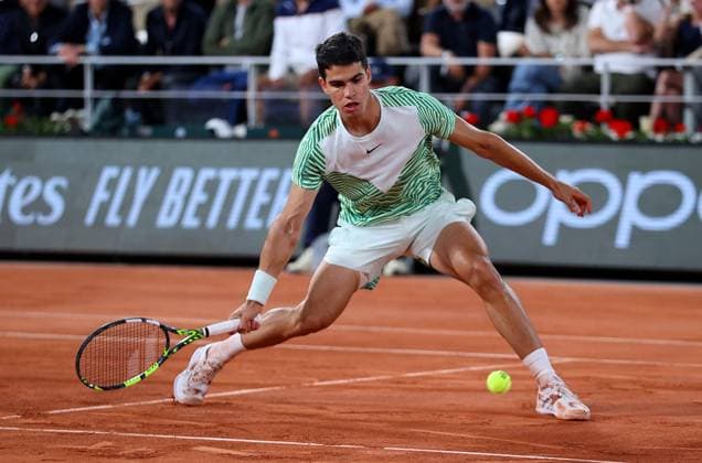 Mandatory Credit: Photo by Ella Ling Shutterstock (13949269gc) Carlos Alcaraz of Spain in action French Open Tennis, Day 10, Roland Garros, Paris, France - 06 June 2023 French Open Tennis, Day 10, Roland Garros, Paris, France - 06 June 2023  Copyright: xEllaxLing Shutterstockx 13949269gc