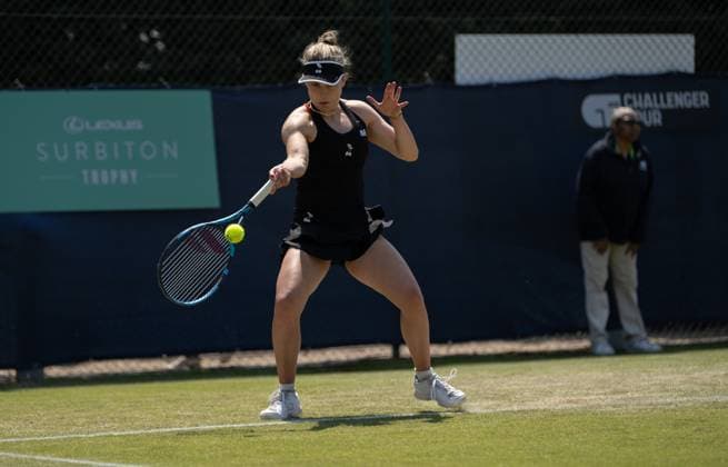 Maia Lumsden (GBR) playing her match against Maia Lumsden (GBR) Oceane Dodin (FRA) during the first round of the W100 Surbiton Trophy 2023 during the 3rd day of the 2023 at Surbiton Lawn Tennis Club, Surbiton, England on the 7th June 2023. Copyright: xAlanxStanfordx PMI-5582-0101