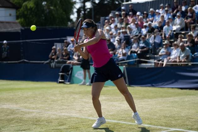 Yuriko Lily Miyazaki (GBR) playing against Jodie Anna Burrage (GBR) during the first round of the W100 Surbiton Trophy 2023 during the 3rd day of the 2023 at Surbiton Lawn Tennis Club, Surbiton, England on the 7th June 2023. Copyright: xAlanxStanfordx PMI-5582-0151