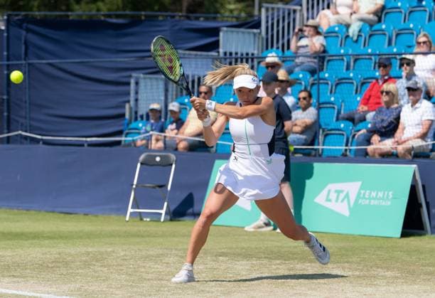 Katie Swan (GBR) playing Oceane Dodin (FRA) during round two of the W100 Surbiton Trophy on day 4 of the Surbiton Trophy at Surbiton Lawn Tennis Club, Surbiton, England on the 8th June 2023. Copyright: xAlanxStanfordx PMI-5583-0011