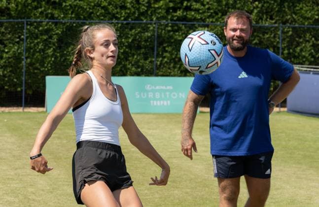 Isabelle Lacy (GBR) warming up before her match with Sachia Vickery (USA) in round two of the W100 Surbiton Trophy on day 4 of the Surbiton Trophy at Surbiton Lawn Tennis Club, Surbiton, England on the 8th June 2023. Copyright: xAlanxStanfordx PMI-5583-0152
