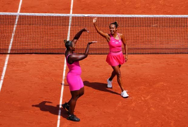 Mandatory Credit: Photo by Javier Garcia Shutterstock (13949278f) Taylor Townsend and Leylah Fernandez celebrate reaching the Ladies Doubles Final French Open Tennis, Day 13, Roland Garros, Paris, France - 09 June 2023 French Open Tennis, Day 13, Roland Garros, Paris, France - 09 June 2023  Copyright: xJavierxGarcia Shutterstockx 13949278f