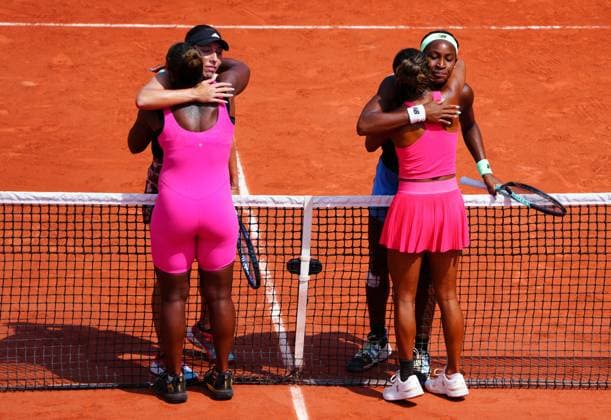 Mandatory Credit: Photo by Javier Garcia Shutterstock (13949278i) Taylor Townsend and Leylah Fernandez celebrate reaching the Ladies Doubles Final with a win over Jessica Pegula and Coco Gauff French Open Tennis, Day 13, Roland Garros, Paris, France - 09 June 2023 French Open Tennis, Day 13, Roland Garros, Paris, France - 09 June 2023  Copyright: xJavierxGarcia Shutterstockx 13949278i