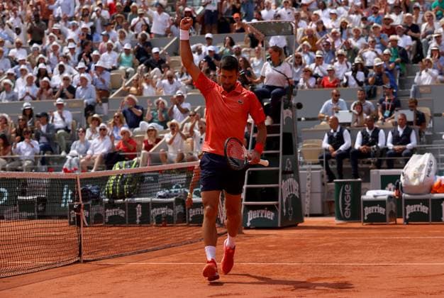 Mandatory Credit: Photo by Ella Ling Shutterstock (13949275al) Novak Djokovic of Serbia celebrates French Open Tennis, Day 13, Roland Garros, Paris, France - 09 June 2023 French Open Tennis, Day 13, Roland Garros, Paris, France - 09 June 2023  Copyright: xEllaxLing Shutterstockx 13949275al