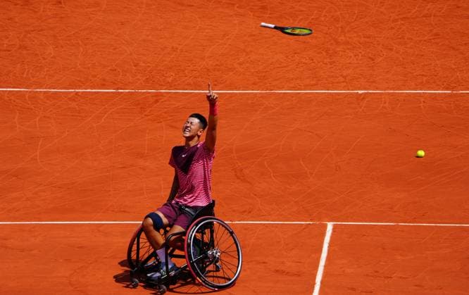 Mandatory Credit: Photo by Javier Garcia Shutterstock (13949279j) Tokito Oda celebrates winning the Wheelchair Singles Final French Open Tennis, Day 14, Roland Garros, Paris, France - 10 June 2023 French Open Tennis, Day 14, Roland Garros, Paris, France - 10 June 2023  Copyright: xJavierxGarcia Shutterstockx 13949279j