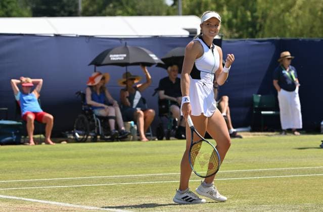 Katie Swan (GBR) celebrates her win against Yuriko Lily Miyazaki (GBR) in the semi finals of the W100 Surbiton Trophy during day 6 of the Surbiton Trophy, at Surbiton Lawn Tennis Club, Surbiton, England on the 10th June 2023. Copyright: xAlanxStanfordx PMI-5587-0004