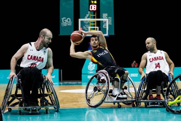 IWBF Rollstuhlbasketball Weltmeisterschaft Dubai 2022, Kanada - Deutschland, 10.06.2023 Lee Melymick (Kanada, 10), Nico Dreimueller (Deutschland, 5), Tyler Miller (Kanada, 14) IWBF Rollstuhlbasketball Weltmeisterschaft Dubai 2022, Kanada - Deutschland, Dubai, World Trade Center Copyright: xBEAUTIFULxSPORTS Wunderlx