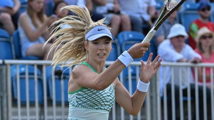 Katie Boulter (GBR) playing Yanina Wickmayer (BEL) in the semi finals of the W100 Surbiton Trophy during day 6 of the Surbiton Trophy, at Surbiton Lawn Tennis Club, Surbiton, England on the 10th June 2023. Copyright: xAlanxStanfordx PMI-5587-0096