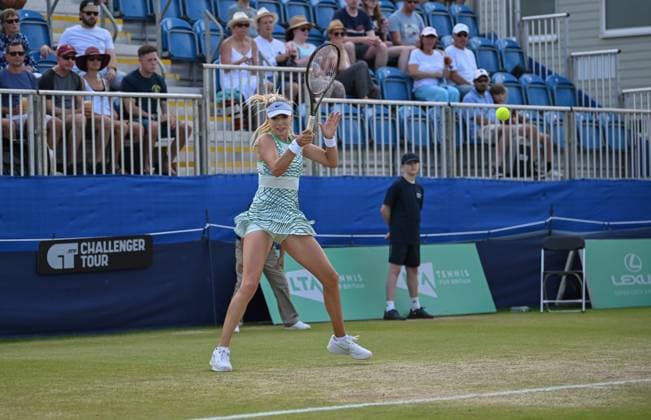 Katie Boulter (GBR) playing Yanina Wickmayer (BEL) in the semi finals of the W100 Surbiton Trophy during day 6 of the Surbiton Trophy, at Surbiton Lawn Tennis Club, Surbiton, England on the 10th June 2023. Copyright: xAlanxStanfordx PMI-5587-0098