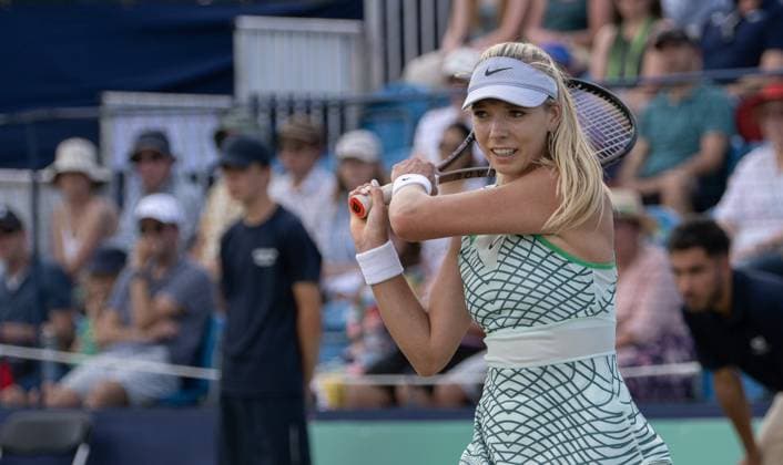 Katie Boulter (GBR) playing Yanina Wickmayer (BEL) in the semi finals of the W100 Surbiton Trophy during day 6 of the Surbiton Trophy, at Surbiton Lawn Tennis Club, Surbiton, England on the 10th June 2023. Copyright: xAlanxStanfordx PMI-5587-0128