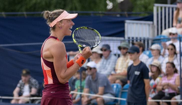 Yanina Wickmayer (BEL) celebrates after defeating Katie Boulter (GBR) in the semi finals of the W100 Surbiton Trophy during day 6 of the Surbiton Trophy, at Surbiton Lawn Tennis Club, Surbiton, England on the 10th June 2023. Copyright: xAlanxStanfordx PMI-5587-0130