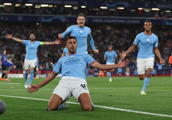 Sport Themen der Woche KW23 Sport Bilder des Tages Istanbul, Turkey, 10th June 2023. Rodri of Manchester City celebrates after scoring to make it 1-0 during the UEFA Champions League Final match at the Ataturk Olympic Stadium, Istanbul. Picture credit should read: Paul Terry Sportimage EDITORIAL USE ONLY. No use with unauthorised audio, video, data, fixture lists, club league logos or live services. Online in-match use limited to 120 images, no video emulation. No use in betting, games or single club league player publications. SPI-2475-0053
