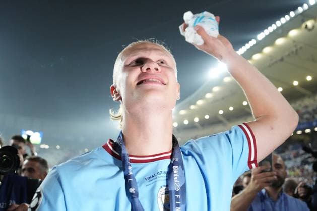 Erling Haland of Manchester City celebrates the victory of UEFA Champions League trophy at the end of the Uefa Champions League Final match between Manchester City and FC Internazionale at Ataturk Olympic Stadium Istanbul Turkey on 10 June 2023. Istanbul Ataturk Olympic Stadium Istanbul Turkey Copyright: xGiuseppexMaffiax SP24-672-189