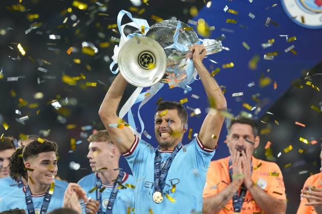 Ruben Dias of Manchester City celebrates the victory of UEFA Champions League trophy at the end of the Uefa Champions League Final match between Manchester City and FC Internazionale at Ataturk Olympic Stadium Istanbul Turkey on 10 June 2023. Istanbul Ataturk Olympic Stadium Istanbul Turkey Copyright: xGiuseppexMaffiax SP24-672-205