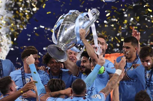 Istanbul, Turkey, 10th June 2023. Ilkay Gundogan of Manchester City lifts the trophy during the UEFA Champions League Final match at the Ataturk Olympic Stadium, Istanbul. Picture credit should read: Paul Terry Sportimage EDITORIAL USE ONLY. No use with unauthorised audio, video, data, fixture lists, club league logos or live services. Online in-match use limited to 120 images, no video emulation. No use in betting, games or single club league player publications. SPI-2475-0104