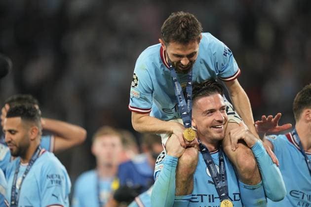 The 2023 UEFA Champions League Final match between Manchester City and Internazionale Milano Jack Grealish and Bernardo Silva celebrate winning the UEFA Champions League Final match between Manchester City and Internazionale Milano, at Atatürk Olympic Stadium on June 10, 2023 in Istanbul, Turkey. Istanbul Atatürk Olympic Stadium BaÅüakÅüehir Turkey Copyright: xAlexandraxFechetex DSC04898