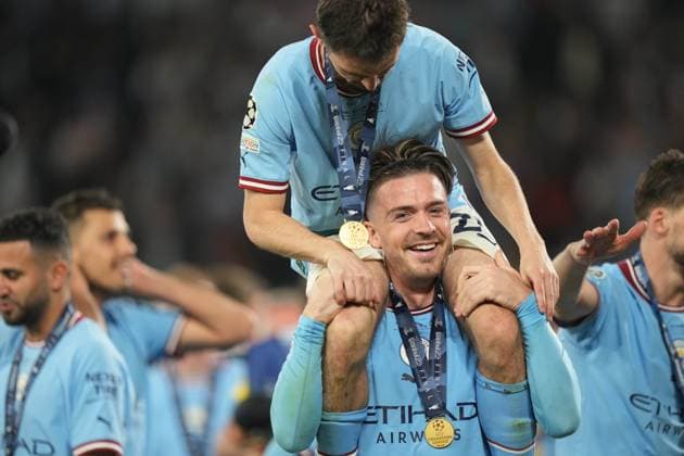 The 2023 UEFA Champions League Final match between Manchester City and Internazionale Milano Jack Grealish and Bernardo Silva celebrate winning the UEFA Champions League Final match between Manchester City and Internazionale Milano, at Atatürk Olympic Stadium on June 10, 2023 in Istanbul, Turkey. Istanbul Atatürk Olympic Stadium BaÅüakÅüehir Turkey Copyright: xAlexandraxFechetex DSC04900