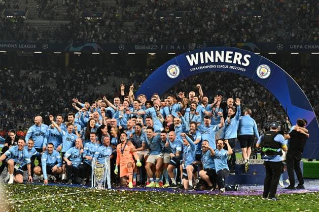 ISTANBUL, TURKEY - JUNE 10: Players of Manchester City FC celebrates with the trophy after the UEFA Champions League 2022 23 final match between FC Internazionale and Manchester City FC at Atatuerk Olympic Stadium on June 10, 2023 in Istanbul, FC Internazionale v Manchester City FC - UEFA Champions League Final 2022 23 Copyright: xSebastianxFrejx