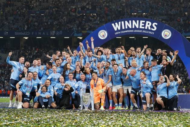 Manchester City team group, Mannschaftsbild, Totale (ManC), JUNE 10, 2023 - Football Soccer : Manchester City team group celebrate after winning UEFA Champions League final 2023 Istanbul match between Manchester City FC 1-0 FC Internazionale Milano at the Ataturk Olympic Stadium in Istanbul, Turkey. Noxthirdxpartyxsales  (220964021)