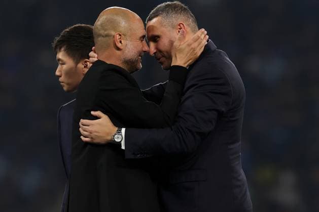 10th June 2023, Ataturk Olympic Stadium, Istanbul, Turkey; UEFA Champions League Final, Manchester City versus Inter Milan; Manchester City Manager Josep Guardiola celebrates with Manchester City Chairman H.E. Khaldoon Al Mubarak  ActionPlus12518918 ShaunxBrooks