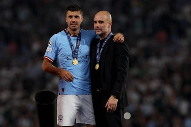 10th June 2023, Ataturk Olympic Stadium, Istanbul, Turkey; UEFA Champions League Final, Manchester City versus Inter Milan; Manchester City Manager Josep Guardiola with goal scorer Rodri  ActionPlus12518919 ShaunxBrooks