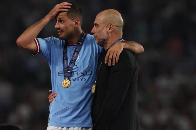 10th June 2023, Ataturk Olympic Stadium, Istanbul, Turkey; UEFA Champions League Final, Manchester City versus Inter Milan; Manchester City Manager Josep Guardiola with goal scorer Rodri  ActionPlus12518920 ShaunxBrooks