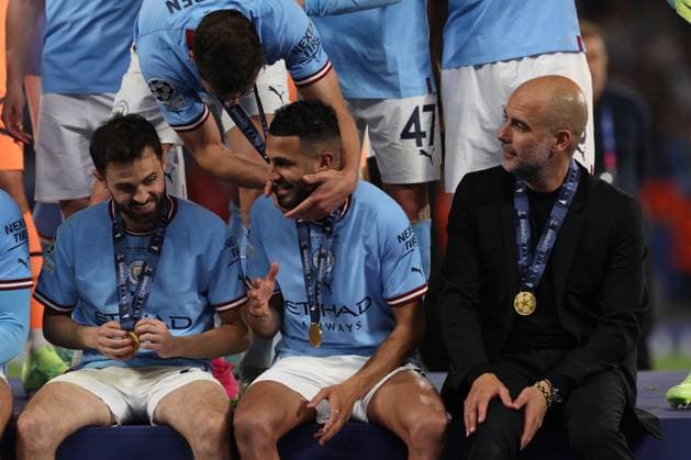 10th June 2023, Ataturk Olympic Stadium, Istanbul, Turkey; UEFA Champions League Final, Manchester City versus Inter Milan; Manchester City Manager Josep Guardiola with Riyad Mahrez and Bernardo Silva  ActionPlus12518923 ShaunxBrooks