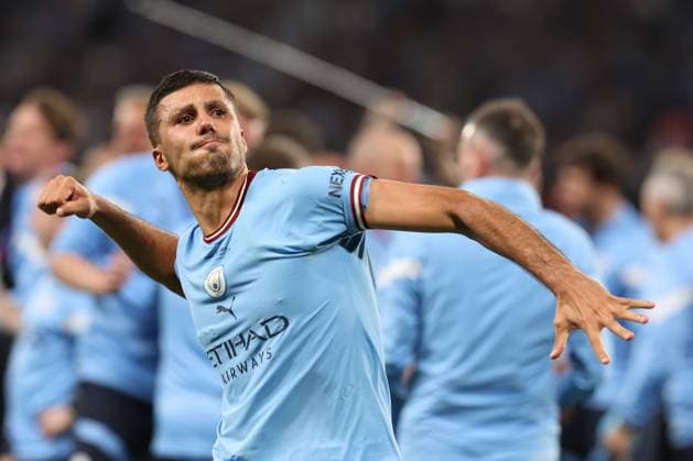 10th June 2023, Ataturk Olympic Stadium, Istanbul, Turkey; UEFA Champions League Final, Manchester City versus Inter Milan; Rodri of Manchester City celebrates the 1-0 win  ActionPlus12518927 ShaunxBrooks
