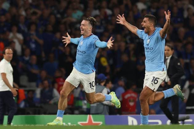 10th June 2023, Ataturk Olympic Stadium, Istanbul, Turkey; UEFA Champions League Final, Manchester City versus Inter Milan; Jack Grealish of Manchester City and Rodri celebrate the 1-0 win  ActionPlus12518934 ShaunxBrooks