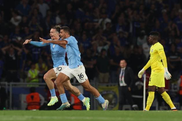 10th June 2023, Ataturk Olympic Stadium, Istanbul, Turkey; UEFA Champions League Final, Manchester City versus Inter Milan; Jack Grealish of Manchester City and Rodri celebrate the 1-0 win  ActionPlus12518935 ShaunxBrooks
