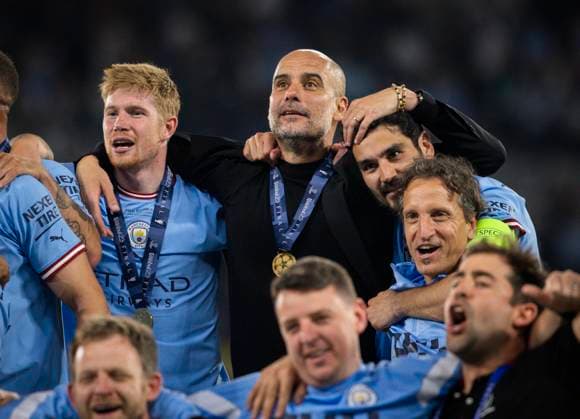 Istanbul, Turkey. 10th Jun 2023. Kevin De Bruyne (City), Trainer Pep Guardiola (City), Ilkay Gündogan (City) Manchester City - Inter Mailand UEFA Champions League Final 10.06.2023