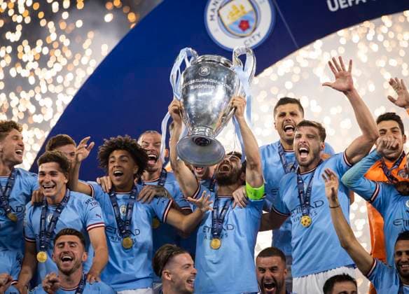 Istanbul, Turkey. 10th Jun 2023. Ilkay Gündogan (City) mit Pokal, Jack Grealish (City), Kyle Walker (City), Julian Alvarez (City), Ruben Dias (City), Phil Foden (City) Manchester City - Inter Mailand UEFA Champions League Final 10.06.2023