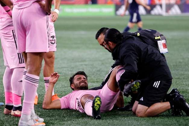 FOXBOROUGH, MA - JUNE 10: Inter Miami CF forward Corentin Jean (14) lies injured during a match between the New England Revolution and Inter Miami CF on June 10, 2023, at Gillette Stadium in Foxborough, Massachusetts. (Photo by Fred Kfoury III Icon Sportswire) SOCCER: JUN 10 MLS, Fussball Herren, USA - New England Revolution vs Inter Miami CF EDITORIAL USE ONLY Icon482230610017