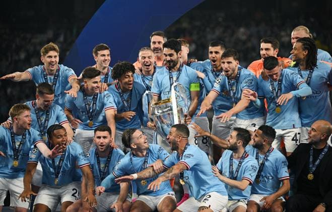 Turkey Soccer Champions League Manchester City - Inter 8453080 11.06.2023 Manchester City s players celebrate with the European Cup trophy after the team s victory in the UEFA Champions League final soccer match between Manchester City and Inter Milan at Ataturk Olympic stadium, in Istanbul, Turkey. Alexey Filippov Sputnik Istanbul Turkey  Copyright: xAlexeyxFilippovx