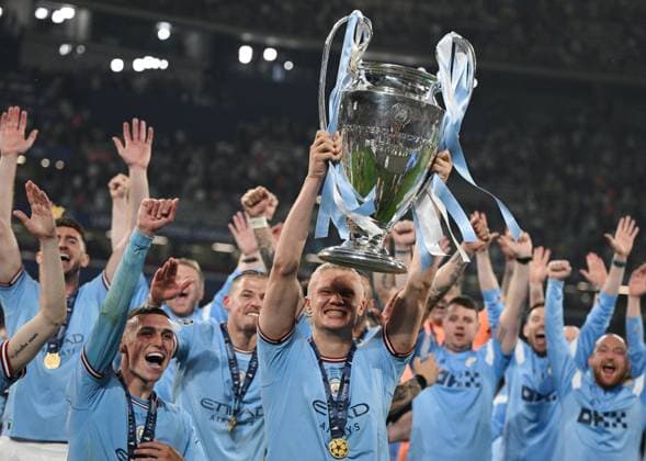 Turkey Soccer Champions League Manchester City - Inter 8453100 11.06.2023 Manchester City s Erling Haaland celebrates with the European Cup trophy after the team s victory during the UEFA Champions League final soccer match between Manchester City and Inter Milan at Ataturk Olympic stadium, in Istanbul, Turkey. Alexey Filippov Sputnik Istanbul Turkey  Copyright: xAlexeyxFilippovx