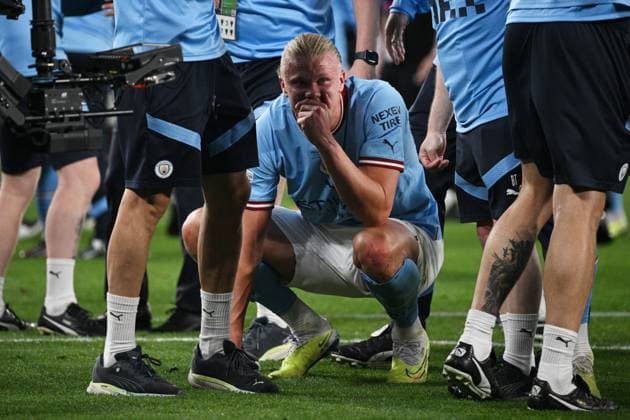 Turkey Soccer Champions League Manchester City - Inter 8453097 10.06.2023 Manchester City s Erling Haaland reacts after the team s victory in the UEFA Champions League final soccer match between Manchester City and Inter Milan at Ataturk Olympic stadium, in Istanbul, Turkey. Alexey Filippov Sputnik Istanbul Turkey  Copyright: xAlexeyxFilippovx