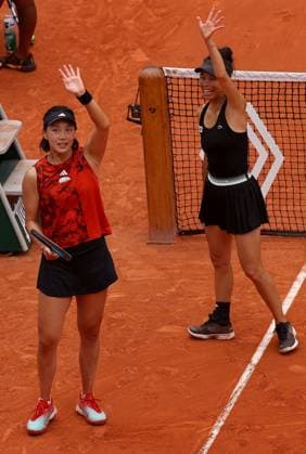 Mandatory Credit: Photo by Ella Ling Shutterstock (13949291o) Xinyu Wang of China and Su-Wei Hsieh of Taipei celebrate on match point French Open Tennis, Day 15, Roland Garros, Paris, France - 11 June 2023 French Open Tennis, Day 15, Roland Garros, Paris, France - 11 June 2023  Copyright: xEllaxLing Shutterstockx 13949291o