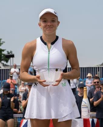 Katie Swan (GBR) with her runners up trophy after loosing to Yanina Wickmayer (BEL)in the final of the W100 Surbiton Trophy on the Final day of the Surbiton Trophy, at Surbiton Lawn Tennis Club, Surbiton, England on the 11th June 2023. Copyright: xAlanxStanfordx PMI-5588-0096
