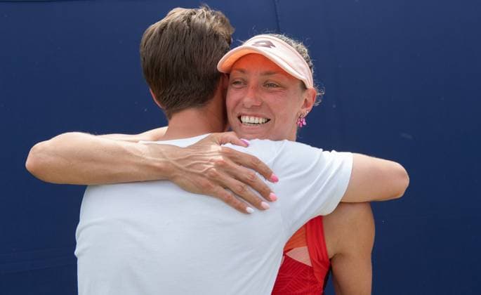 Yanina Wickmayer (BEL) celebrates with her coach Germain Gigounon after winning the final in the third set tie break in her match with Katie Swan (GBR) in the final of the W100 Surbiton Trophy on the Final day of the Surbiton Trophy, at Surbiton Lawn Tennis Club, Surbiton, England on the 11th June 2023. Copyright: xAlanxStanfordx PMI-5588-0111