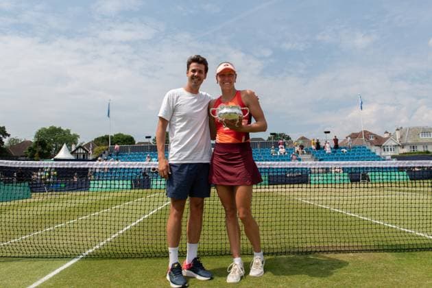 Yanina Wickmayer (BEL) celebrates with her coach Germain Gigounon after winning the final in the third set tie break in her match with Katie Swan (GBR) in the final of the W100 Surbiton Trophy on the Final day of the Surbiton Trophy, at Surbiton Lawn Tennis Club, Surbiton, England on the 11th June 2023. Copyright: xAlanxStanfordx PMI-5588-0115