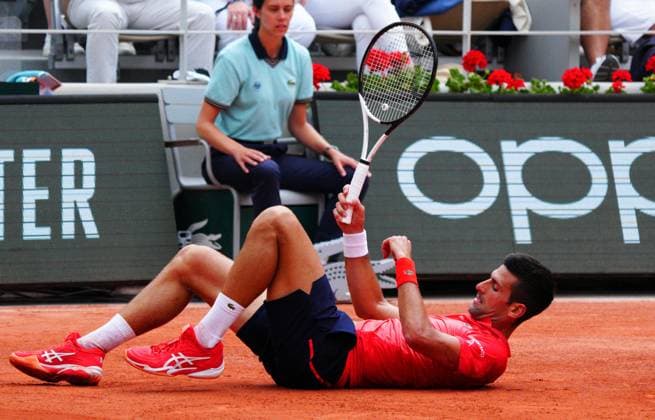 Mandatory Credit: Photo by Javier Garcia Shutterstock (13949284z) Novak Djokovic falls over French Open Tennis, Day 15, Roland Garros, Paris, France - 11 June 2023 French Open Tennis, Day 15, Roland Garros, Paris, France - 11 June 2023  Copyright: xJavierxGarcia Shutterstockx 13949284z