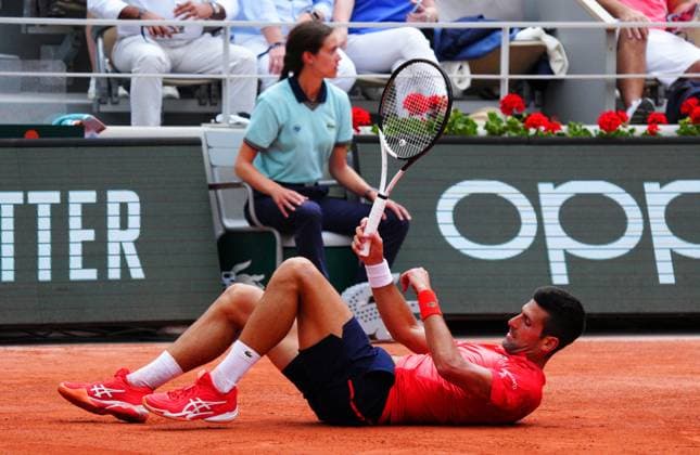 Mandatory Credit: Photo by Javier Garcia Shutterstock (13949284aa) Novak Djokovic falls over French Open Tennis, Day 15, Roland Garros, Paris, France - 11 June 2023 French Open Tennis, Day 15, Roland Garros, Paris, France - 11 June 2023  Copyright: xJavierxGarcia Shutterstockx 13949284aa