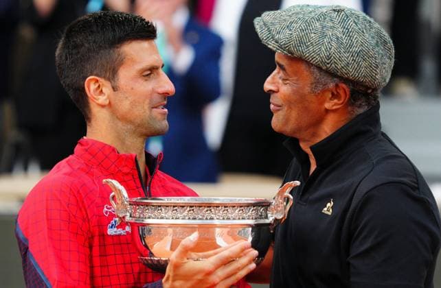 Mandatory Credit: Photo by Javier Garcia Shutterstock (13949284bi) Novak Djokovic receives his trophy from Yannick Noah and celebrates winning the French Open, his 23rd Grand Slam of his career French Open Tennis, Day 15, Roland Garros, Paris, France - 11 June 2023 French Open Tennis, Day 15, Roland Garros, Paris, France - 11 June 2023  Copyright: xJavierxGarcia Shutterstockx 13949284bi