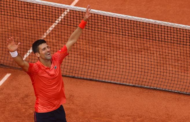 Mandatory Credit: Photo by Ella Ling Shutterstock (13949291ay) Novak Djokovic of Serbia celebrates on match point French Open Tennis, Day 15, Roland Garros, Paris, France - 11 June 2023 French Open Tennis, Day 15, Roland Garros, Paris, France - 11 June 2023  Copyright: xEllaxLing Shutterstockx 13949291ay