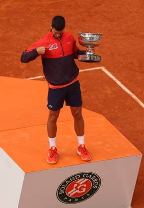 Mandatory Credit: Photo by Ella Ling Shutterstock (13949291ao) Novak Djokovic of Serbia celebrates with the trophy and points to the number 23 on his jacket French Open Tennis, Day 15, Roland Garros, Paris, France - 11 June 2023 French Open Tennis, Day 15, Roland Garros, Paris, France - 11 June 2023  Copyright: xEllaxLing Shutterstockx 13949291ao