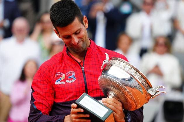 Mandatory Credit: Photo by Javier Garcia Shutterstock (13949284bv) Novak Djokovic celebrates winning the French Open, his 23rd Grand Slam of his career French Open Tennis, Day 15, Roland Garros, Paris, France - 11 June 2023 French Open Tennis, Day 15, Roland Garros, Paris, France - 11 June 2023  Copyright: xJavierxGarcia Shutterstockx 13949284bv