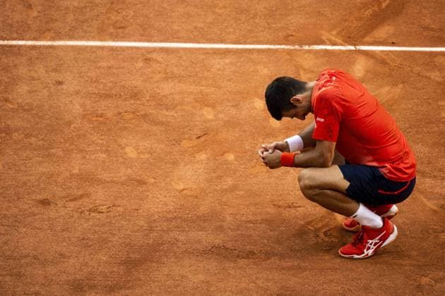 joie de Novak Djokovic (Srb) en fin de match TENNIS : Roland Garros 2023 - Finale Messieurs - Paris - 11 06 2023 JBAutissier Panoramic 