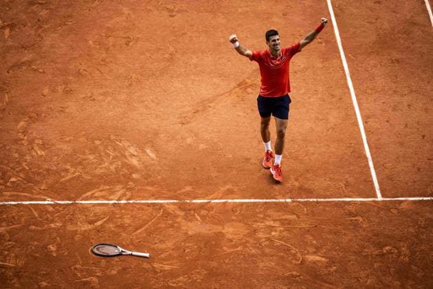 joie de Novak Djokovic (Srb) en fin de match TENNIS : Roland Garros 2023 - Finale Messieurs - Paris - 11 06 2023 JBAutissier Panoramic 